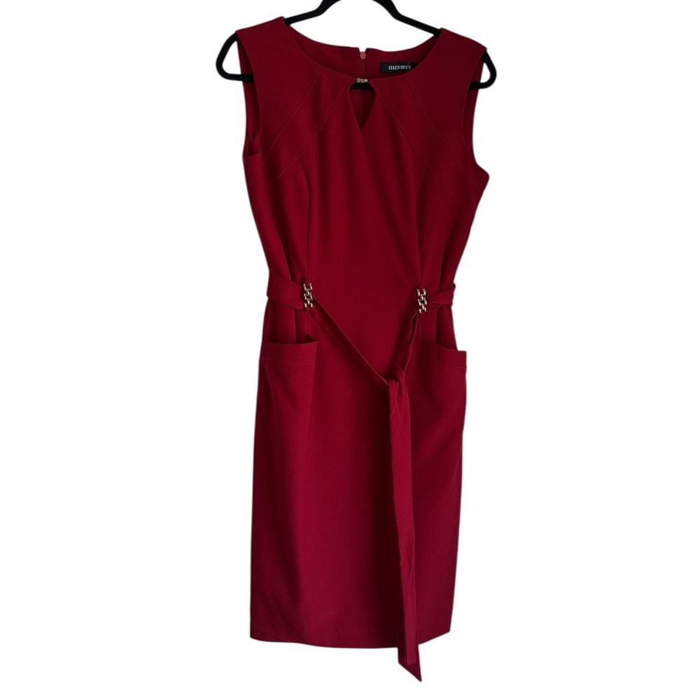 NWT ELLEN TRACY SIZE 6 red burgundy sheath dress waist tied with belt sleeveless